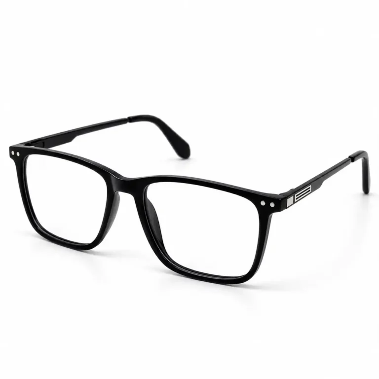 Optical EV2K-0015 Refined Rectangle Full Rim Eyeglasses in Matte Black, solid matte black frame with twin silver rivet studs at each outer corner, black metal temple arms and a striped silver hinge plate