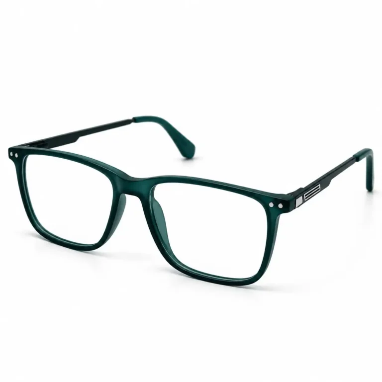 Optical EV2K-0069 Refined Rectangle Full Rim Eyeglasses in Matte Forest Green, deep green matte frame with twin silver rivet studs, dark metal temple arms, green temple tips and a striped silver hinge plate