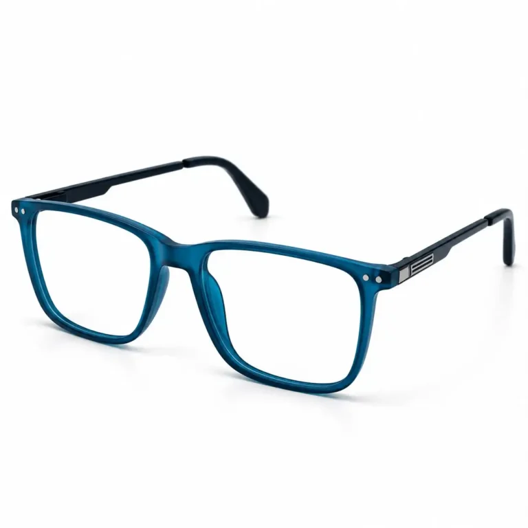 Optical EV2K-0015 Refined Rectangle Full Rim Eyeglasses in Matte Teal Blue, matte teal blue frame with twin silver rivet studs at each outer corner, dark metal temple arms and a striped silver hinge plate