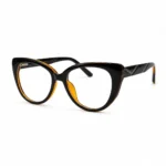 Optical EV2K-0071 Elegant Cat Eye Full Rim Eyeglasses in Black Amber, glossy black frame with a warm amber inner layer, upswept outer corners and black chevron-patterned temples with silver textured detailing