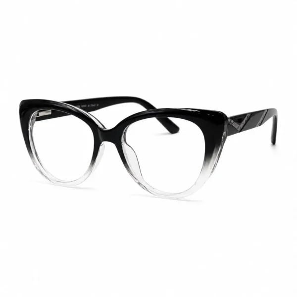 Optical EV2K-0071 Elegant Cat Eye Full Rim Eyeglasses in Black Clear Gradient, glossy black upper rim fading to a clear lower rim with upswept outer corners and black chevron-patterned temples