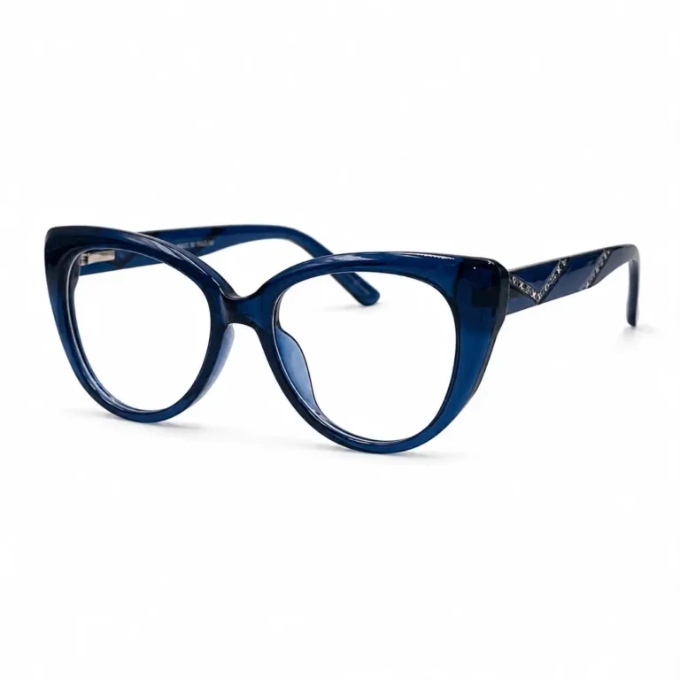 Optical EV2K-0071 Elegant Cat Eye Full Rim Eyeglasses in Crystal Navy Blue, translucent navy blue crystal frame with upswept outer corners and blue chevron-patterned temples with sparkling silver-tone detailing