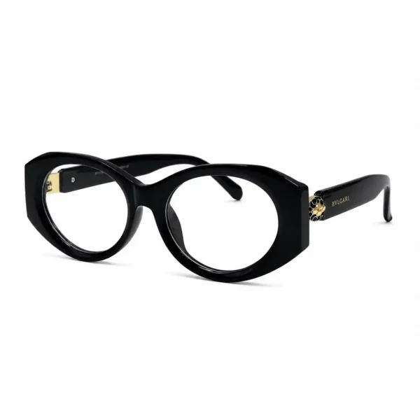 Optical EV2K-0100 Bold Oval Full Rim Eyeglasses in glossy Black with angular outer corners, wide temples and gold-tone textured temple accent