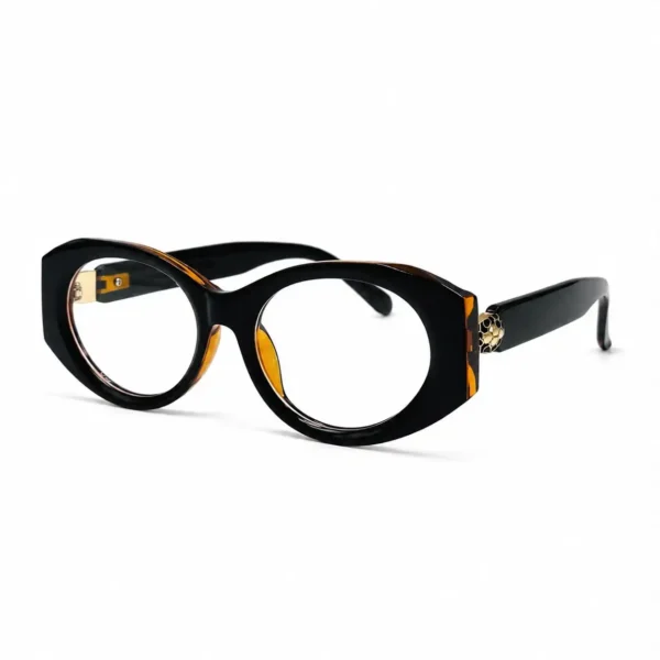 Optical EV2K-0100 Bold Oval Full Rim Eyeglasses in Black Tortoise with amber inner lining, glossy black temples and gold-tone temple accent