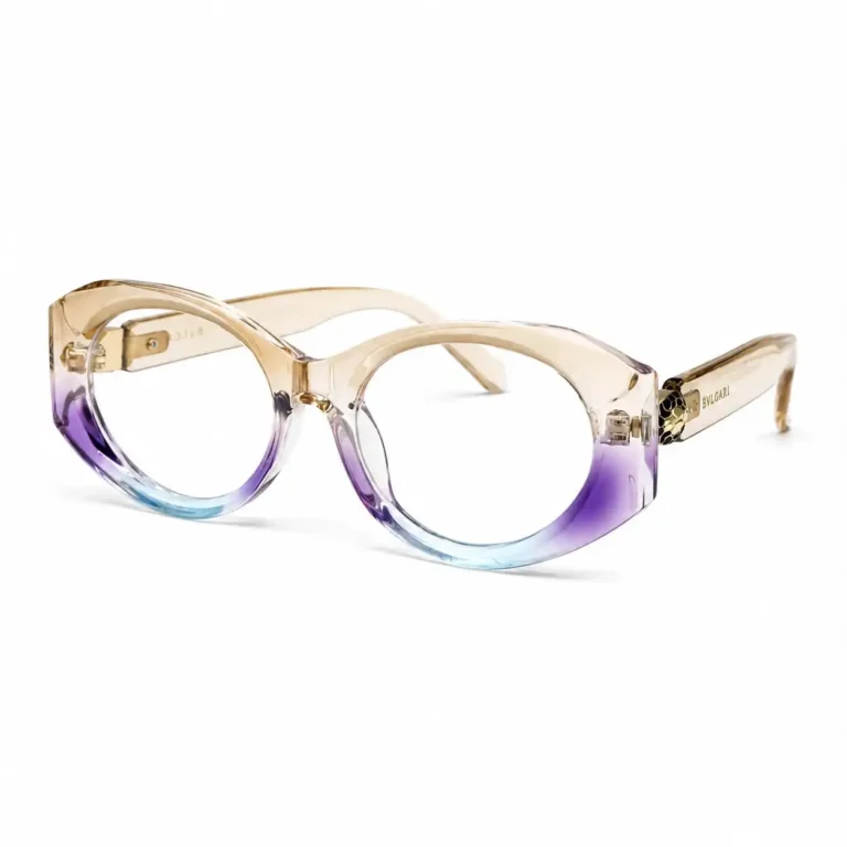 Optical EV2K-0072 Bold Oval Full Rim Eyeglasses in transparent Champagne Purple Gradient fading from warm beige to violet and light blue with gold-tone temple accent