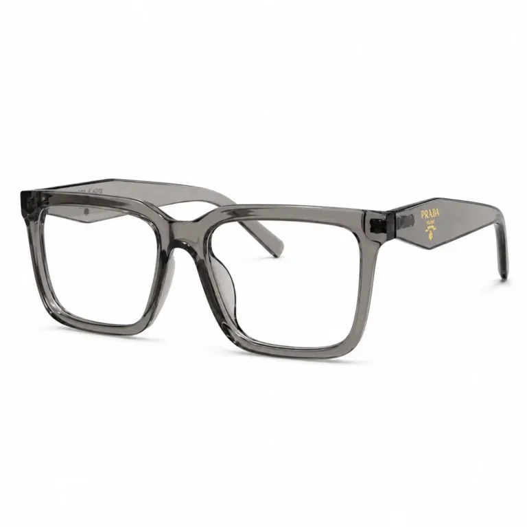Optical EV2K-0073 Bold Square Full Rim Eyeglasses in translucent Crystal Grey with oversized square front and faceted diamond-shaped temples