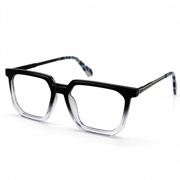 Optical EV2K-0074 Modern Geometric Square Eyeglasses in Black Clear Gradient fading from a solid black top to a transparent bottom with patterned temple tips