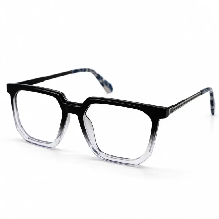 Optical EV2K-0074 Modern Geometric Square Eyeglasses in Black Clear Gradient fading from a solid black top to a transparent bottom with patterned temple tips