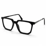 Optical EV2K-0074 Modern Geometric Square Eyeglasses in glossy Black with chamfered corners and metal temples with a silver stripe accent