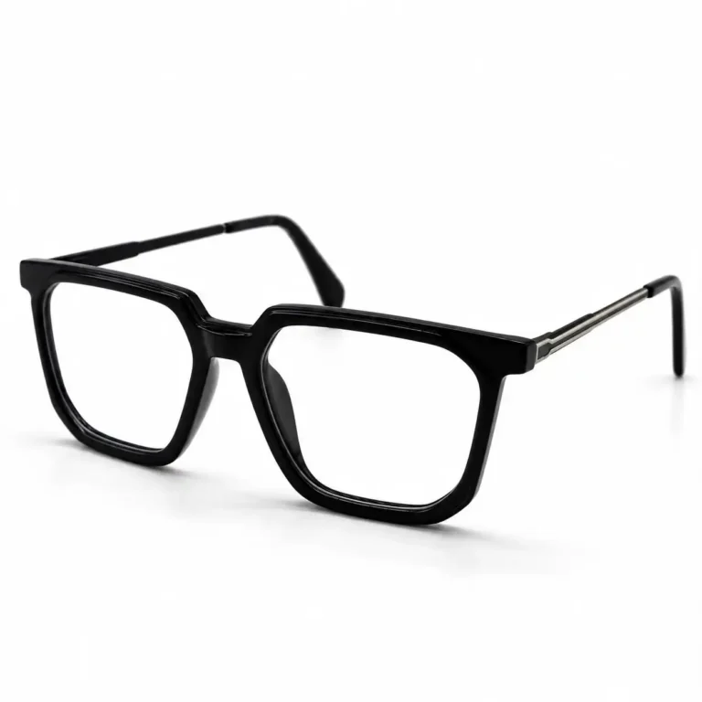 Optical EV2K-0074 Modern Geometric Square Eyeglasses in glossy Black with chamfered corners and metal temples with a silver stripe accent