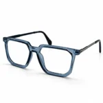 Optical EV2K-0074 Modern Geometric Square Eyeglasses in translucent Crystal Blue with chamfered corners and metal temples with a silver stripe accent
