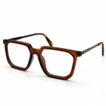 Optical EV2K-0074 Modern Geometric Square Eyeglasses in translucent Crystal Brown with tortoise temple tips and metal temples with a silver stripe accent
