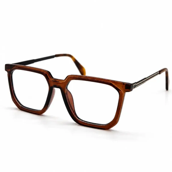 Optical EV2K-0074 Modern Geometric Square Eyeglasses in translucent Crystal Brown with tortoise temple tips and metal temples with a silver stripe accent