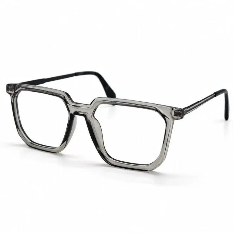 Optical EV2K-0074 Modern Geometric Square Eyeglasses in translucent Crystal Grey with chamfered corners and black metal temples