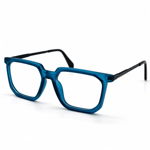 Optical EV2K-0074 Modern Geometric Square Eyeglasses in Matte Teal Blue with chamfered corners and black metal temples