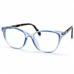 Optical EV2K-0075 Elegant Cat Eye Eyeglasses in translucent Crystal Blue with tortoise temples and a small turquoise stone accent at the hinge
