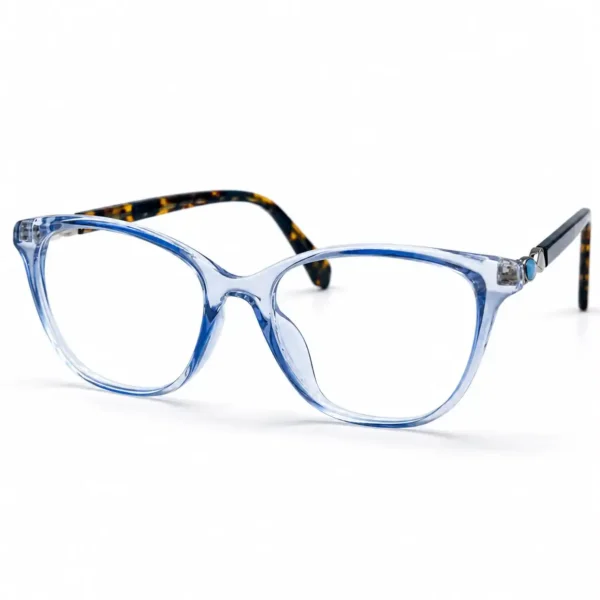 Optical EV2K-0075 Elegant Cat Eye Eyeglasses in translucent Crystal Blue with tortoise temples and a small turquoise stone accent at the hinge