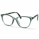Optical EV2K-0075 Elegant Cat Eye Eyeglasses in translucent Crystal Green with green and black patterned temples and a metal hinge accent