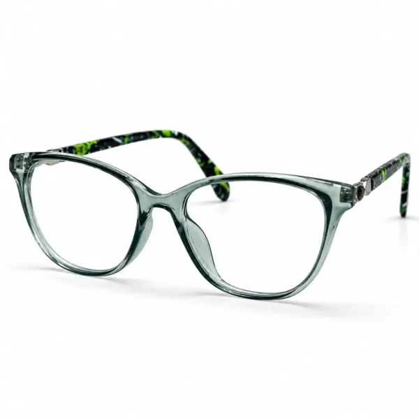 Optical EV2K-0075 Elegant Cat Eye Eyeglasses in translucent Crystal Green with green and black patterned temples and a metal hinge accent