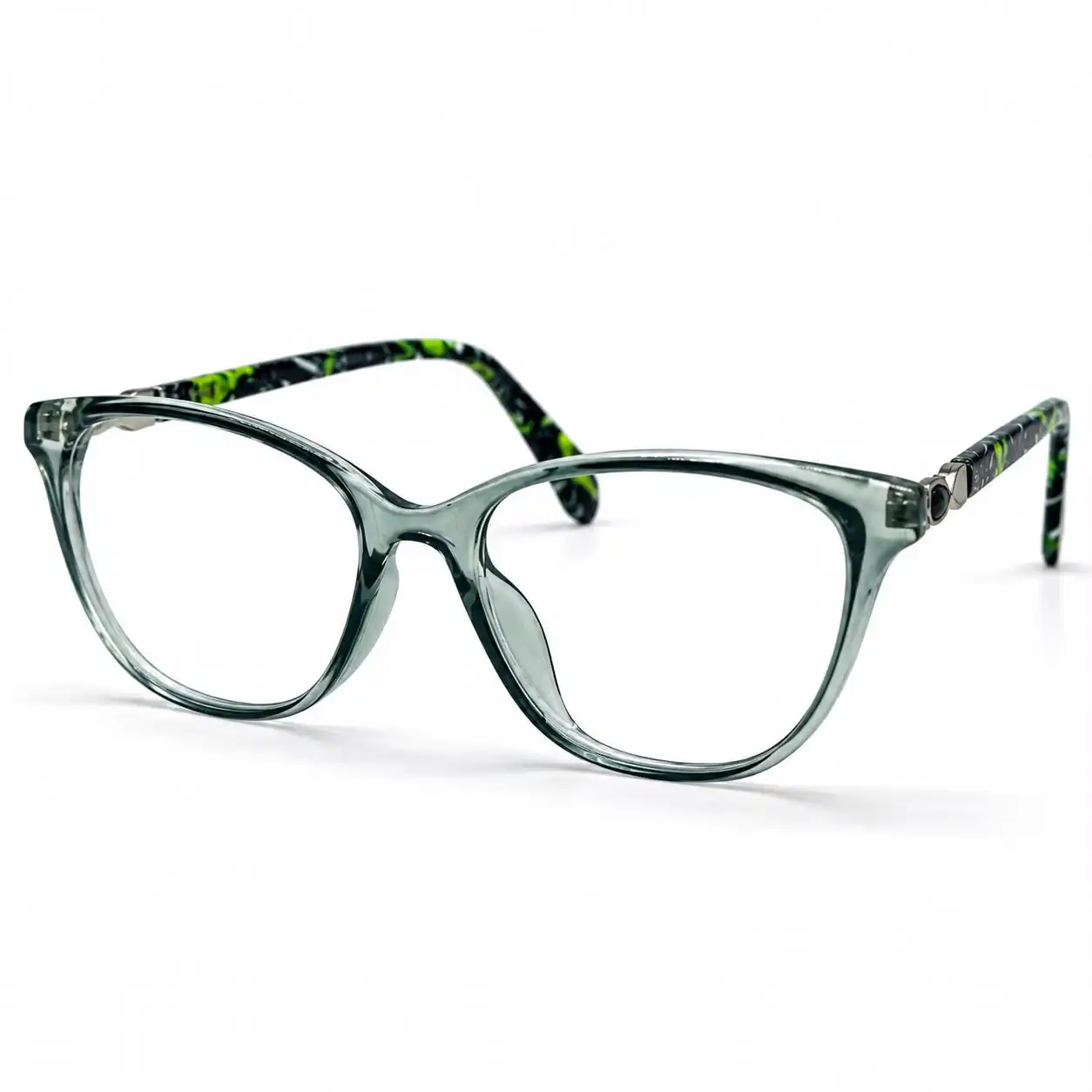 optical-ev2k-0075-crystal-green-cat-eye-eyeglasses Optical EV2K-0075 Elegant Cat Eye Eyeglasses in translucent Crystal Green with green and black patterned temples and a metal hinge accent