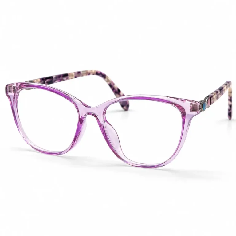 Optical EV2K-0075 Elegant Cat Eye Eyeglasses in translucent Crystal Lavender with purple patterned temples and a blue and pink stone accent at the hinge