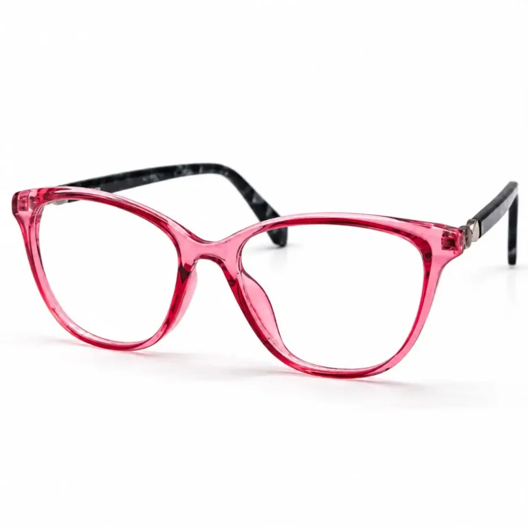 Optical EV2K-0075 Elegant Cat Eye Eyeglasses in translucent Rose Red with black marbled temples and a metal hinge accent