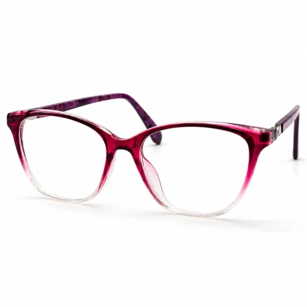 Optical EV2K-0075 Elegant Cat Eye Eyeglasses in Wine Red Gradient fading from deep red at the top to clear at the bottom with purple patterned temples