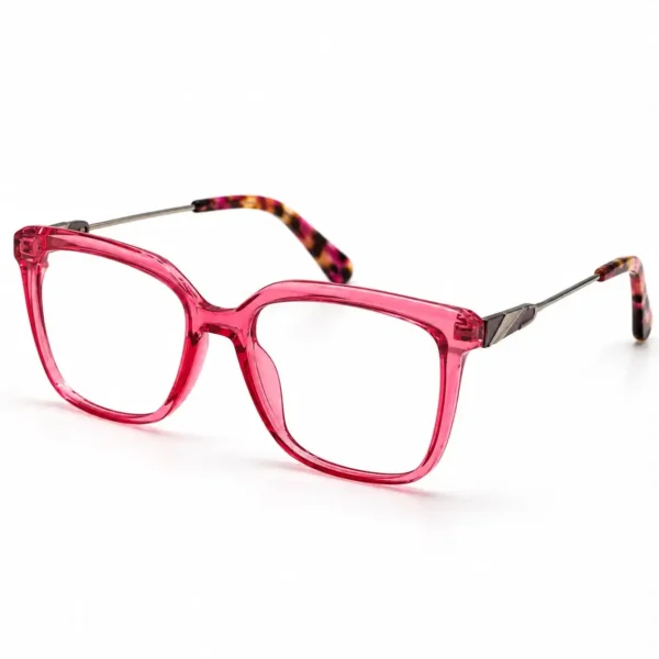 Optical EV2K-0076 Chic Soft Square Eyeglasses in translucent Rose Red with slim metal temples and red tortoise temple tips