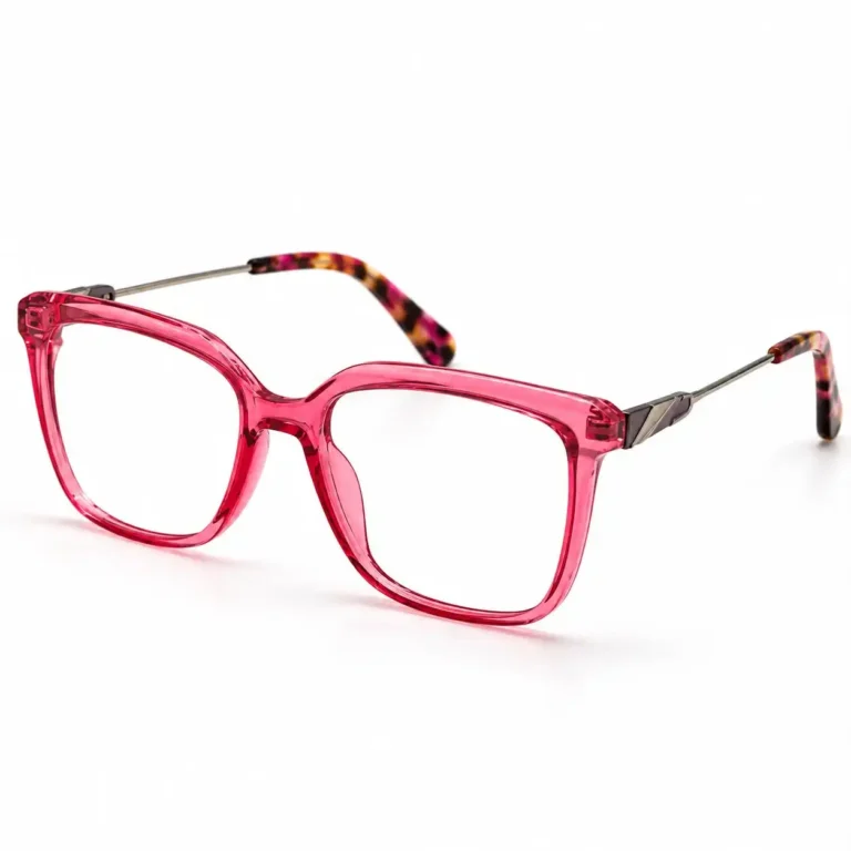 Optical EV2K-0076 Chic Soft Square Eyeglasses in translucent Rose Red with slim metal temples and red tortoise temple tips