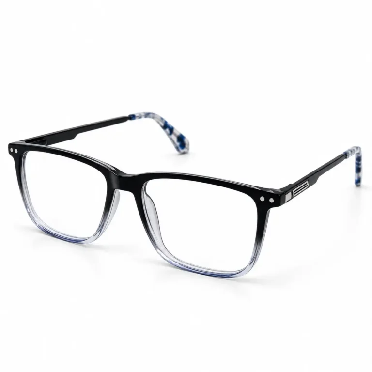 Optical EV2K-0077 Classic Rectangular Eyeglasses in Black Blue Gradient fading from black at the top to clear blue at the bottom with blue patterned temple tips