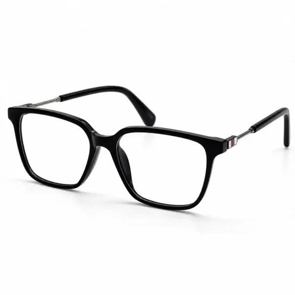 Optical EV2K-0078 Chic Square Eyeglasses in glossy Black with slim metal temples and a small striped hinge accent