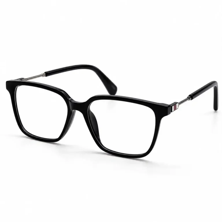 Optical EV2K-0078 Chic Square Eyeglasses in glossy Black with slim metal temples and a small striped hinge accent