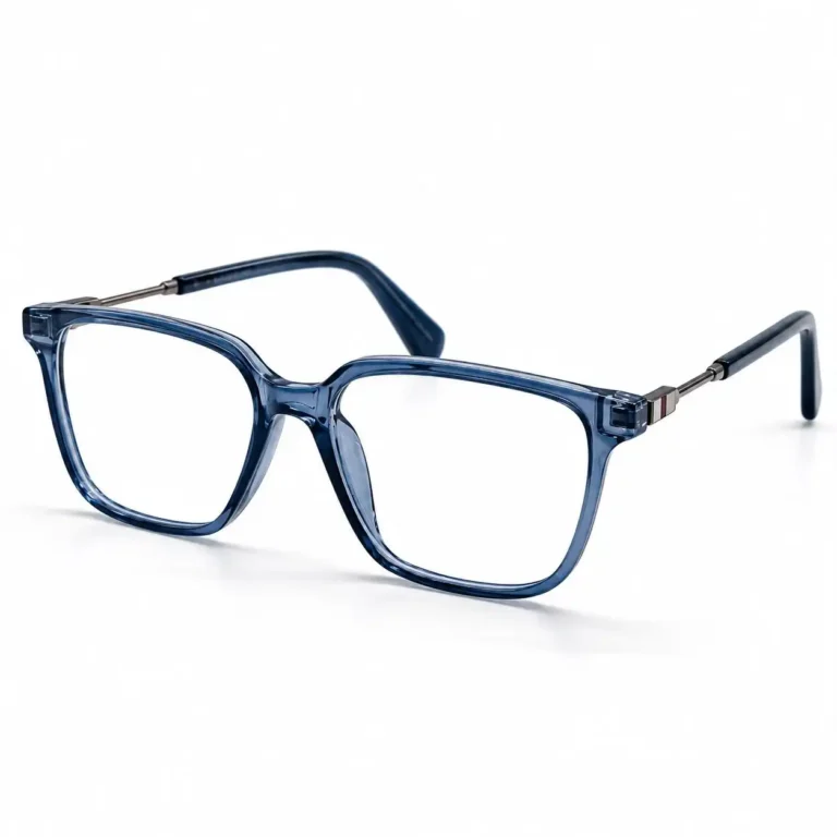 Optical EV2K-0078 Chic Square Eyeglasses in translucent Crystal Navy Blue with slim metal temples and a small striped hinge accent