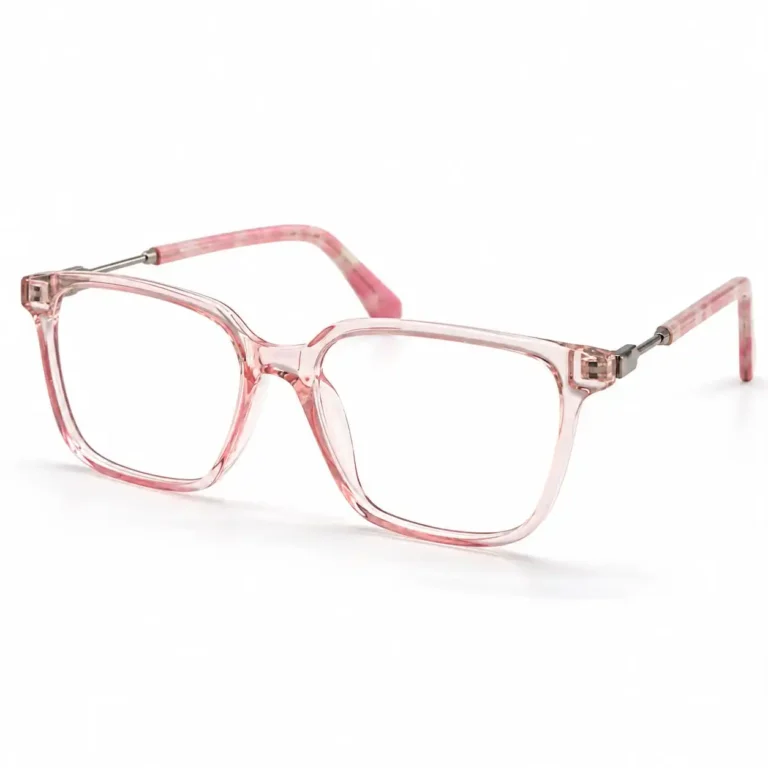 Optical EV2K-0078 Chic Square Eyeglasses in translucent Crystal Pink with slim metal temples and pink patterned temple tips