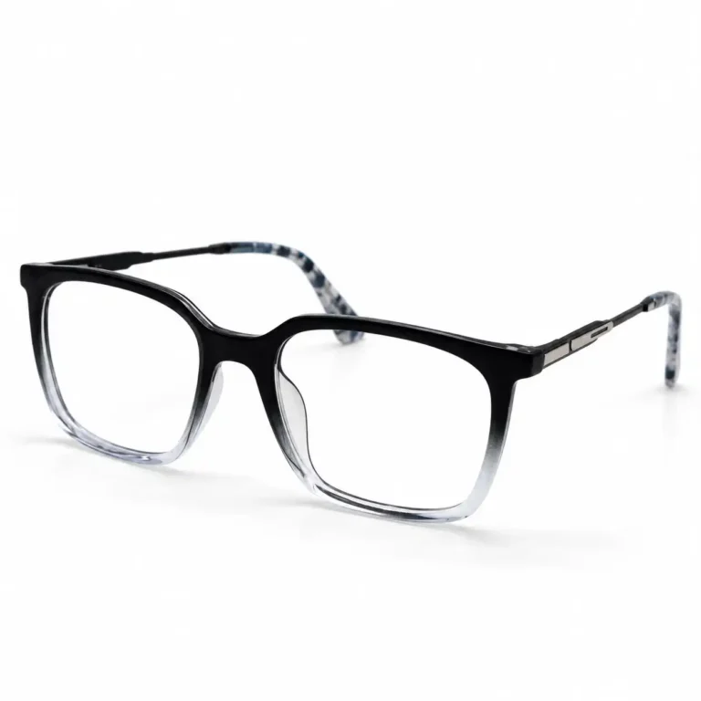 Optical EV2K-0079 Modern Square Eyeglasses in Black Clear Gradient fading from black at the top to transparent at the bottom with patterned temple tips
