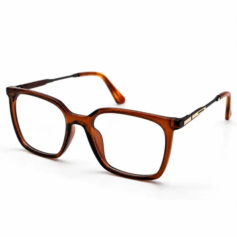Optical EV2K-0079 Modern Square Eyeglasses in translucent Crystal Brown with dark metal temples, gold-tone hinge accent and brown temple tips