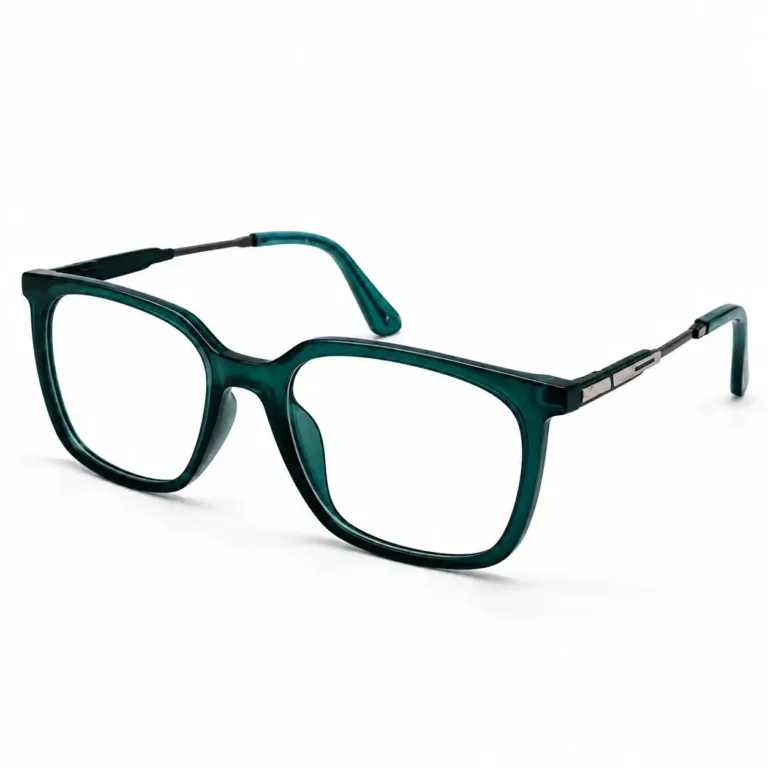 Optical EV2K-0079 Modern Square Eyeglasses in translucent Crystal Emerald Green with slim metal temples, a slot-style hinge accent and green temple tips
