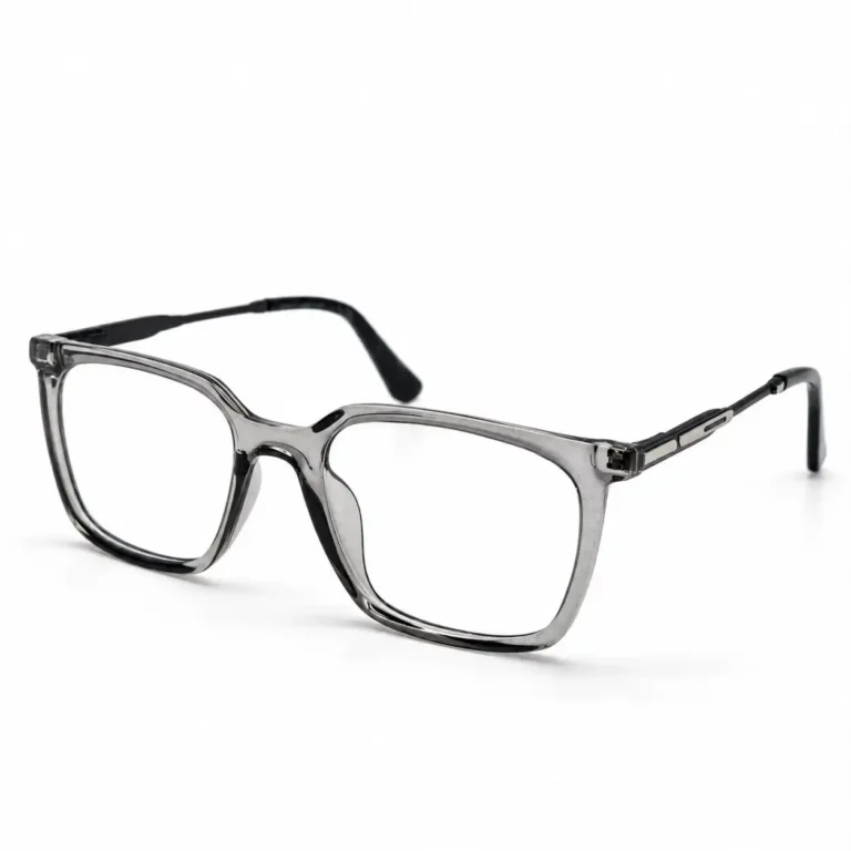 Optical EV2K-0079 Modern Square Eyeglasses in translucent Crystal Grey with slim black metal temples and a slot-style silver hinge accent
