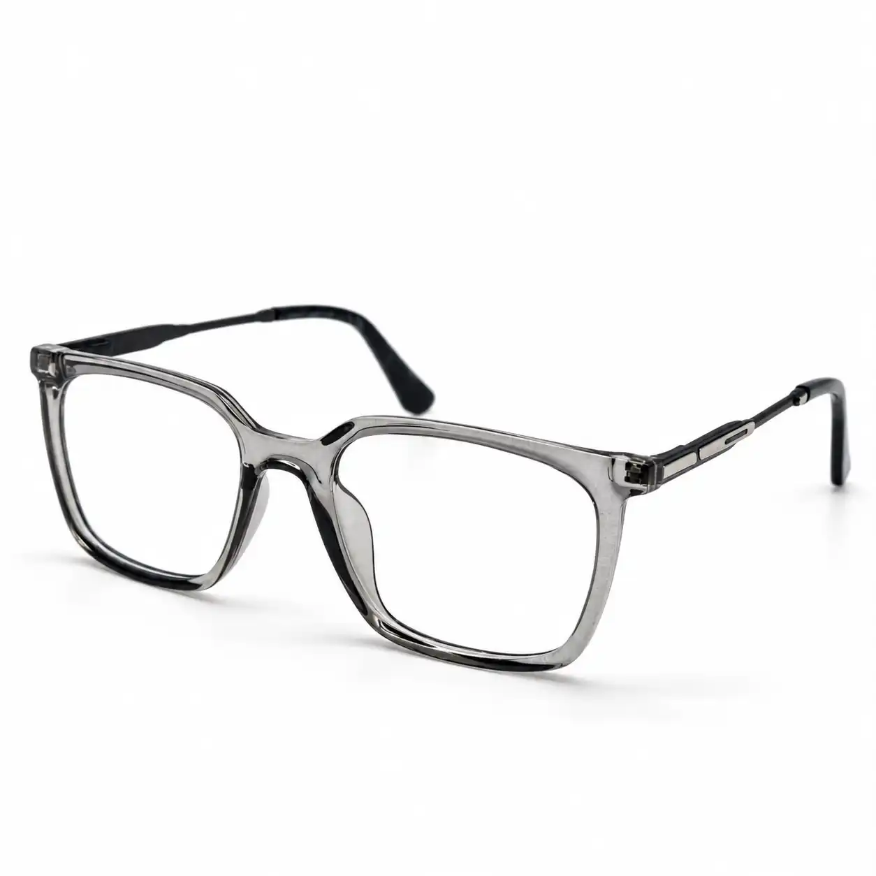 optical-ev2k-0079-crystal-grey-square-eyeglasses Optical EV2K-0079 Modern Square Eyeglasses in translucent Crystal Grey with slim black metal temples and a slot-style silver hinge accent