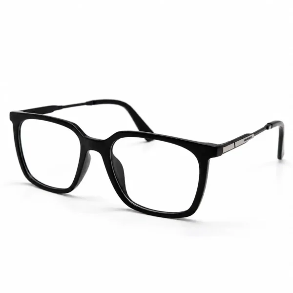 Optical EV2K-0079 Modern Square Eyeglasses in Matte Black with slim black metal temples and a slot-style silver hinge accent