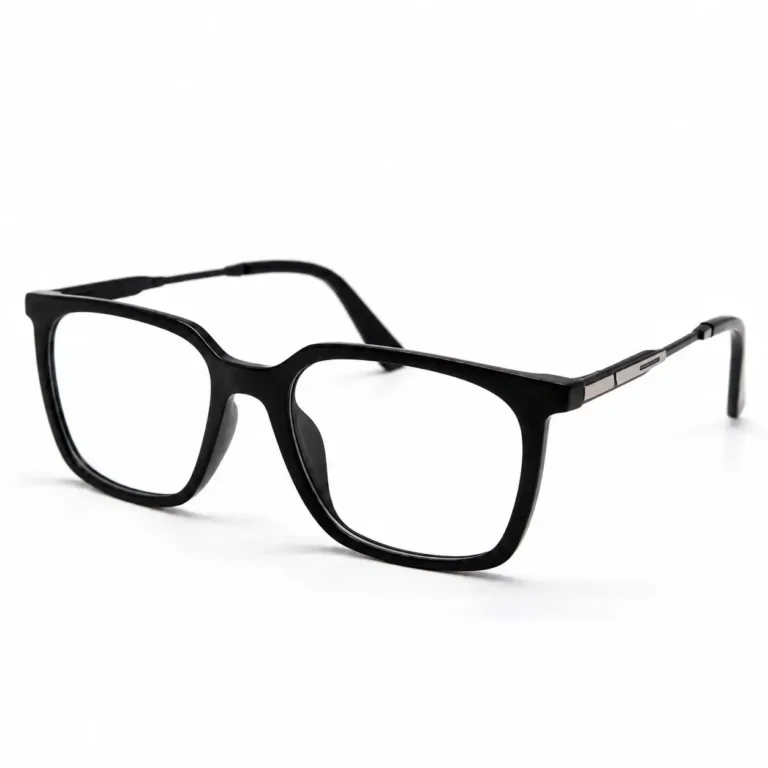 Optical EV2K-0079 Modern Square Eyeglasses in Matte Black with slim black metal temples and a slot-style silver hinge accent