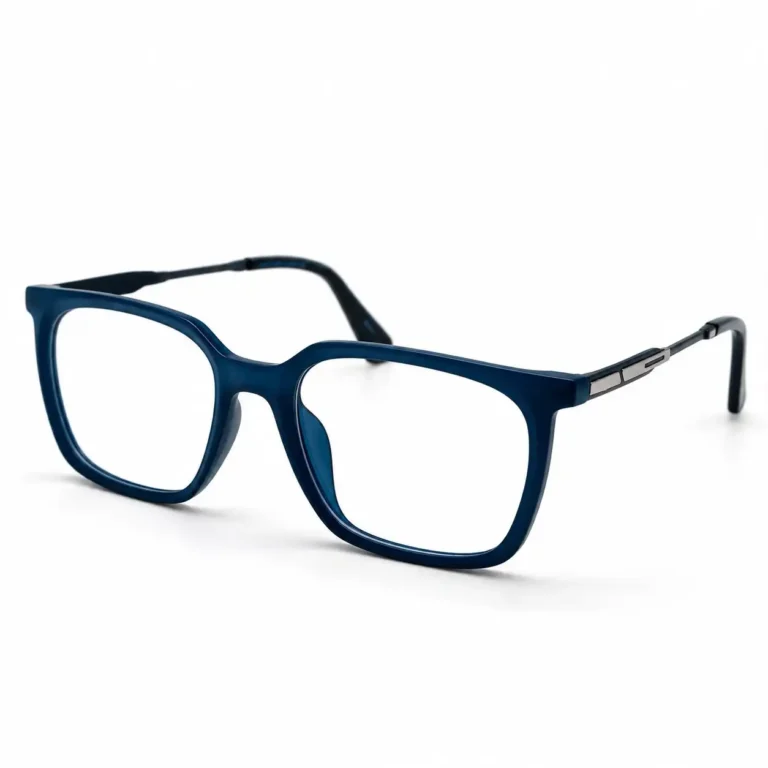 Optical EV2K-0079 Modern Square Eyeglasses in Matte Navy Blue with slim dark metal temples and a slot-style silver hinge accent