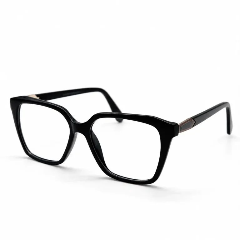Optical EV2K-0080 Elegant Oversized Square Eyeglasses in glossy Black with a wide top, tapered lower rims and a hexagonal metal hinge accent