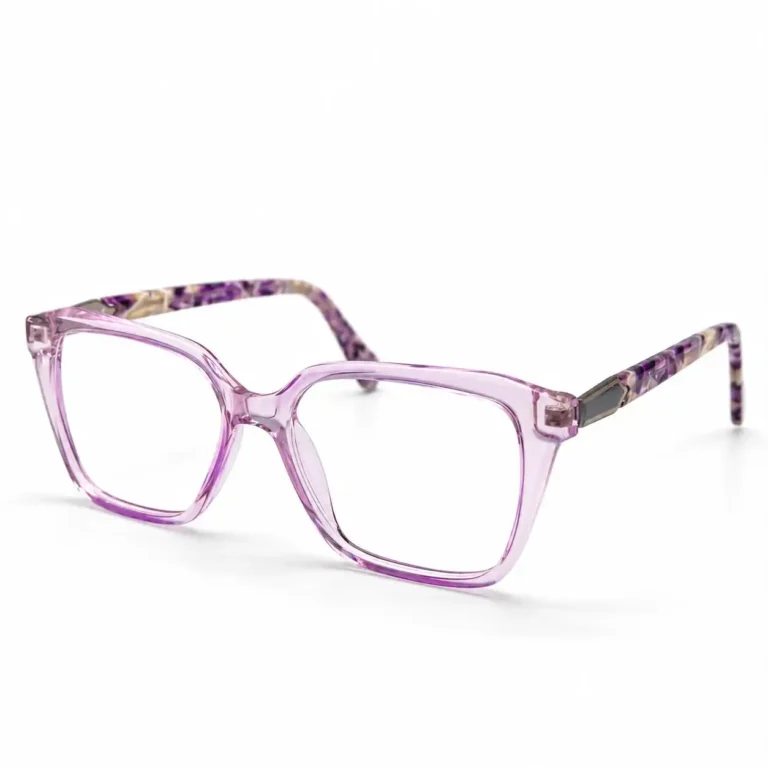Optical EV2K-0080 Elegant Oversized Square Eyeglasses in translucent Crystal Lavender with purple patterned temples and a hexagonal metal hinge accent