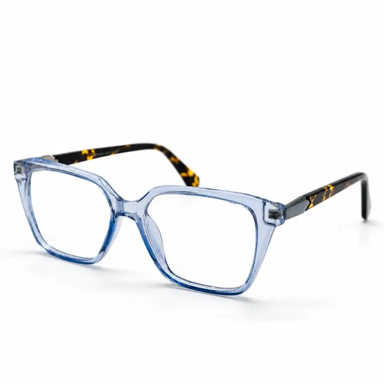 Optical EV2K-0080 Elegant Oversized Square Eyeglasses in translucent Crystal Sky Blue with tortoise patterned temples and a hexagonal metal hinge accent