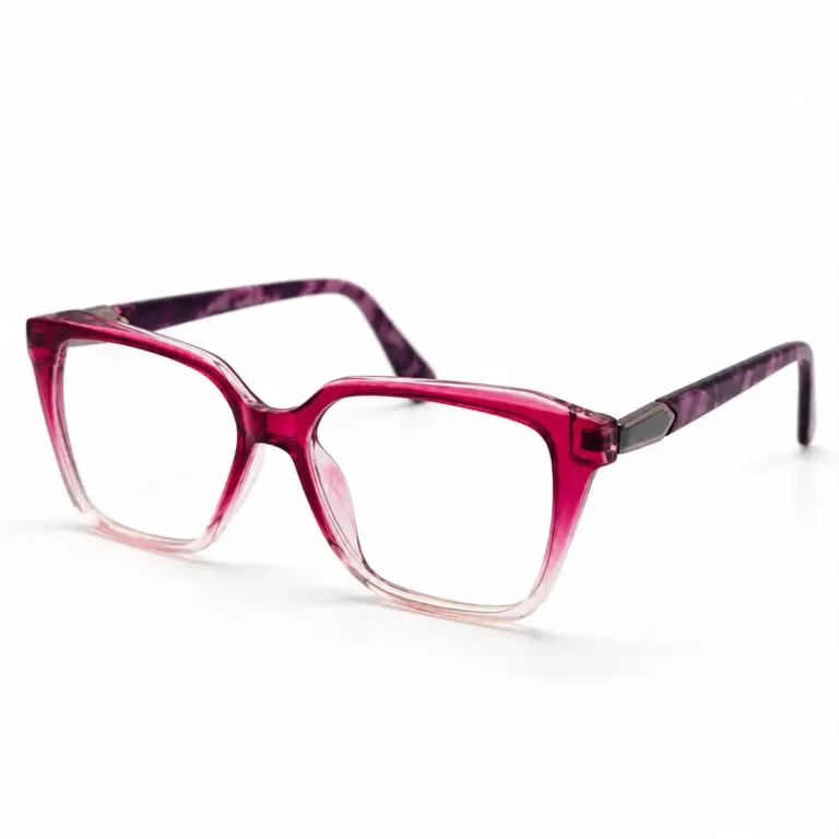 Optical EV2K-0080 Elegant Oversized Square Eyeglasses in Wine Red Gradient fading from deep red at the top to clear at the bottom with purple patterned temples