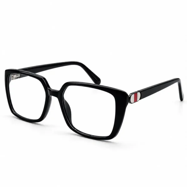 Optical EV2K-0081 Stylish Square Eyeglasses in glossy Black with an oval red, white and silver striped metal hinge accent