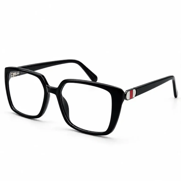 Optical EV2K-0081 Stylish Square Eyeglasses in glossy Black with an oval red, white and silver striped metal hinge accent