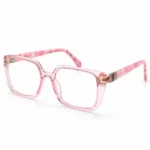 Optical EV2K-0081 Stylish Square Eyeglasses in translucent Crystal Pink with pink patterned temples and an oval striped metal hinge accent