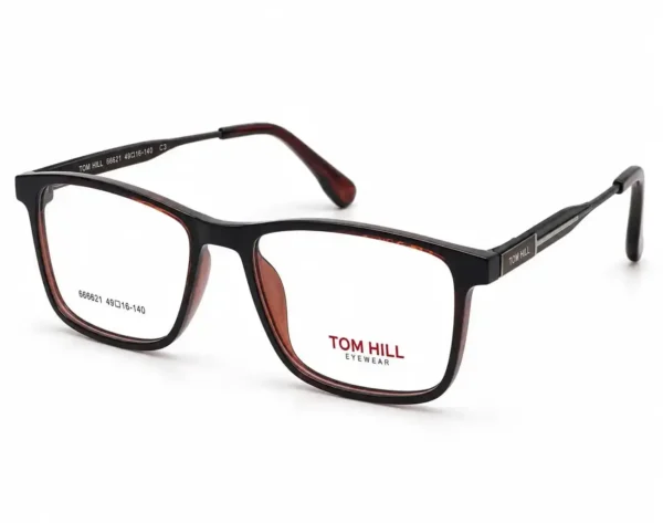 Optical EV2K-0149 Classic Rectangle Full Rim Eyeglasses in Brown Black with amber inner rim and slim metal temples with silver logo plate